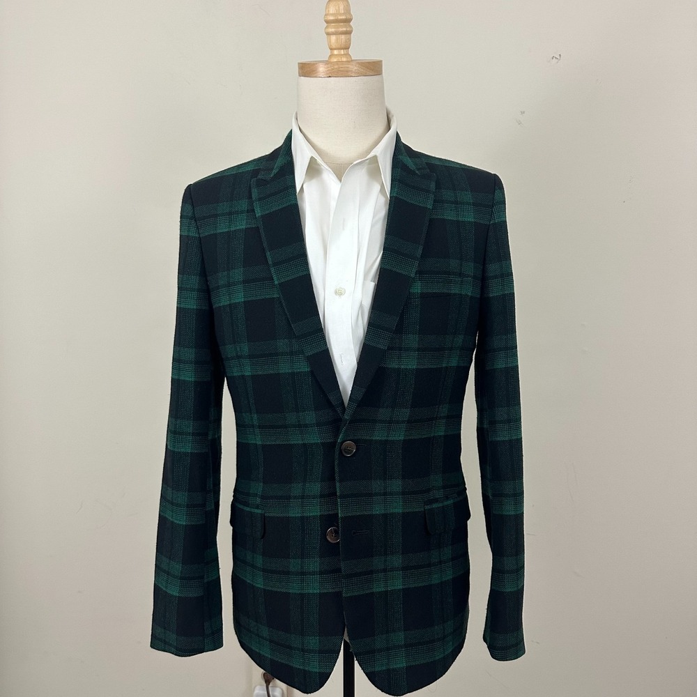Asos Design Blazer Suit Jacket Green Black Plaid Notch Lapel Formal Mens 40R
